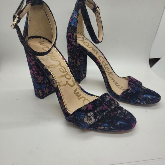 Sam Edelman Shoes - Sam Edelman YARO Heels VELVET Floral Open Toe Sandals Ankle Strap Black 7.5